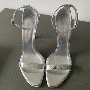 Amina Muaddi Silver Ankle Strap Heels